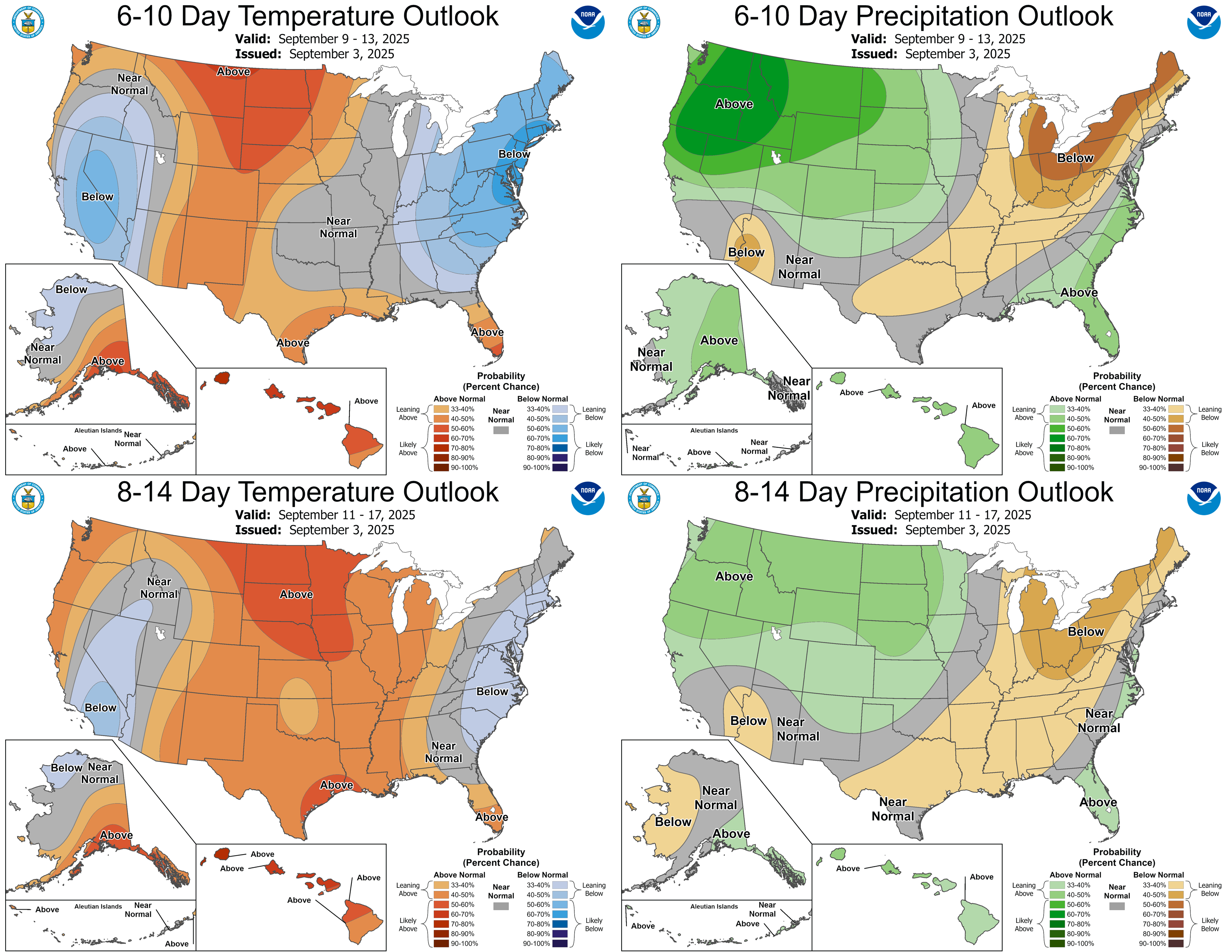 Four NOAA maps showing U.S. 6–10 day and 8–14 day outlooks for temperature and precipitation, valid mid-September 2025, with warmer-than-normal temperatures forecast in much of the country.